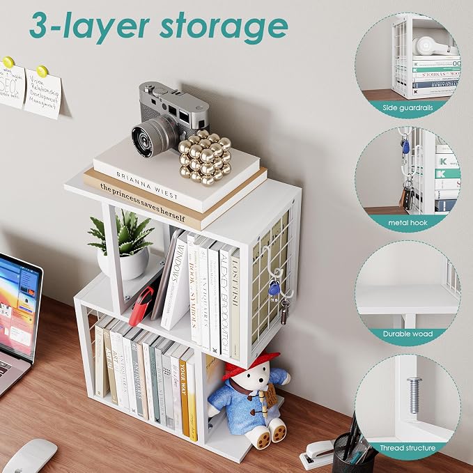 Small Desktop Bookshelf Organizer, White 3-Tier Desk Shelf with Metal Hook Workspace Organizers for Desk Organization and Office Storage Table Bookcase