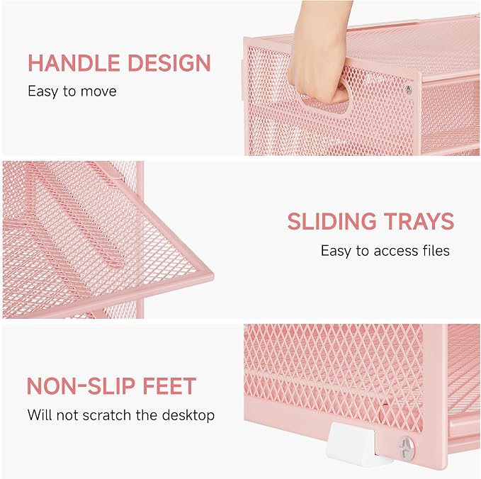 Lavatino 3-Tier Letter Tray Desk Organizer, Mesh Metal Paper File Tray Organizer for Desk, Office Supplies & Home Organization, Fits A4 Paper, Mail, Magazines & Office Accessories (Pink with Handle)