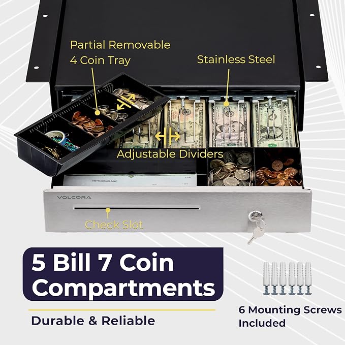Volcora Cash Register Drawer with Under Counter Mounting Metal Bracket - 16 Black - Stainless Steel Front for POS, 5 Bill 6 Coin Removable Compartment, 12-24V RJ11/RJ12 Key-Lock, Media Slot