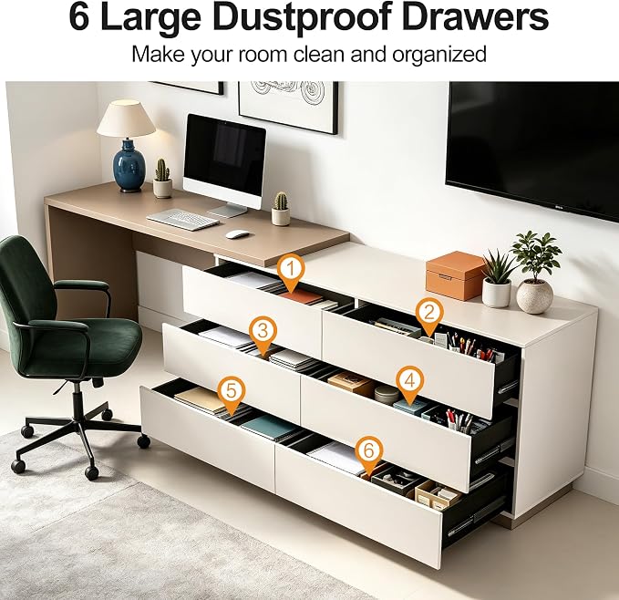 Retractable L-Corner Computer Desk with 6 Organizer Drawers for Games, Make-up, Home Office, Khaki (Khaki)