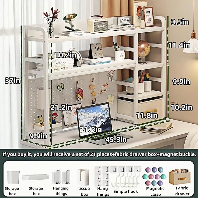 Desktop Bookshelf, pegboard Storage and Organization Rack, Dorm Desk Shelf, Desk Hutch, Desktop Storage for Office, Study, Student Display Rack,Desktop Shelves (White 45.3" Lx9.9 Wx37 H)