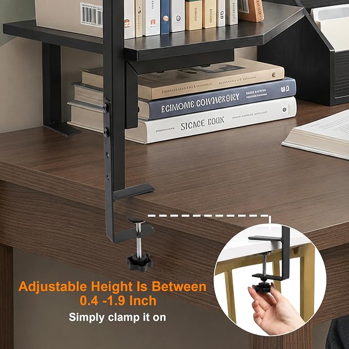 2-Tier Clamp on Desk Shelf Adjustable Desktop Storage Desk Rack | Wood Clamp on Desk Organizer Shelf, Floating Corner Shelf for Desk Accessories and Gaming Devices