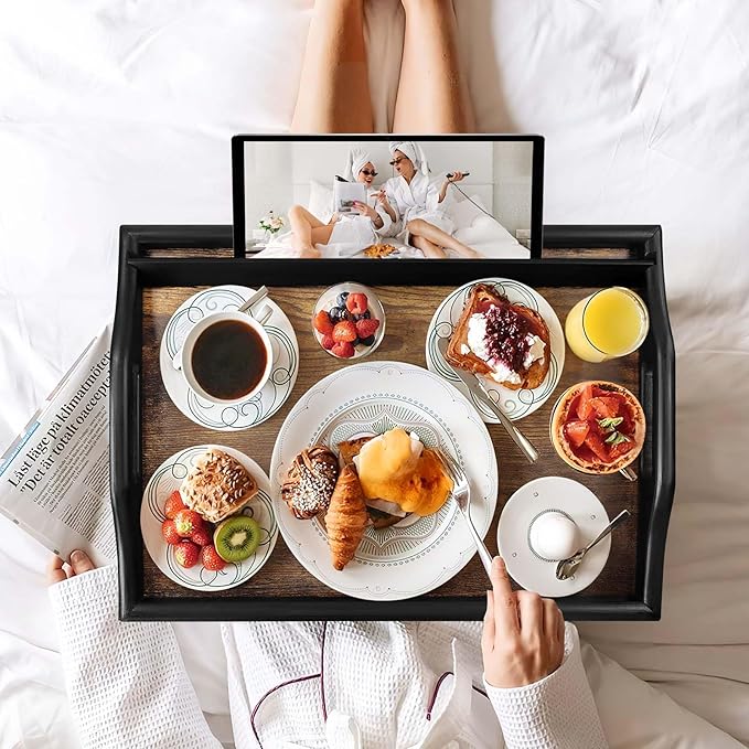 2 Pack Bed Tray Table with Adjustable Legs Breakfast Trays Serving Tray Bamboo Bed Laptap Floding Legs with Handles and Phone Holders