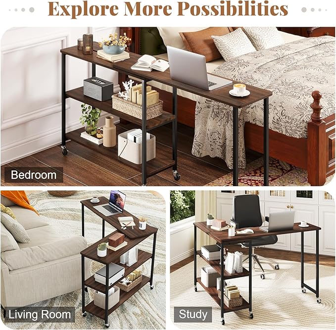 Tangkula Large 360° Free Rotating Sofa Side Table, Patented Mobile Couch Desk with 2-Tier Storage Shelves, Movable Laptop Desk with Sturdy Metal Frame, Extendable Couch Snack Table for Home Office