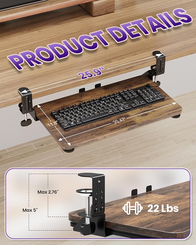 Ergonomic Mouse & Keyboard Tray Under Desk, Pull Out with Adjustable C-clamp, 20 (25.9 Including Clamps) x 11.8 Inch Slide Out Computer Keyboard Drawer Mouse Tray for Typing, Rustic Brown