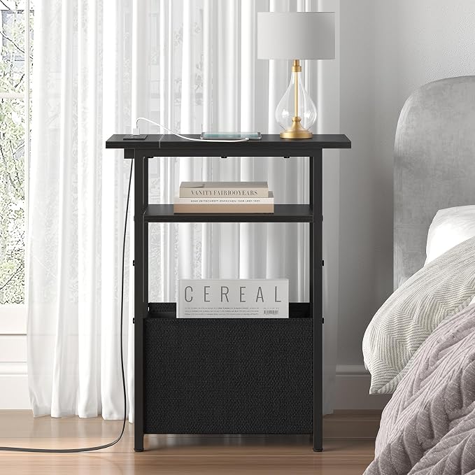 sthmec Narrow Side Table with Charging Station Set of 2, Small End Table for Small Spaces, Skinny Nightstands Set 2 with Storage Basket, 3 Tier Sofa Bedside Tables for Living Room,Bedroom, Black