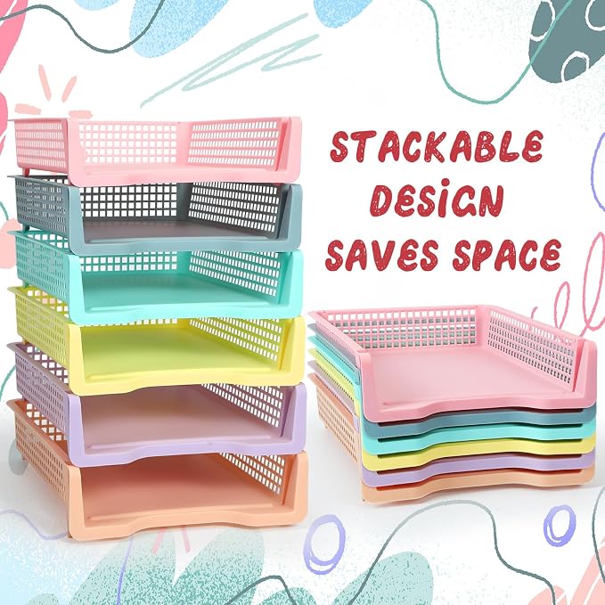 Tenceur 12 Pcs Turn in Trays Classroom, Stackable Tray for Classroom Plastic Storage Baskets Teacher Organizers for Library Drawers Office Desk, 13.3 x 9.5 x 2.7 Inches (Pastel Colors)