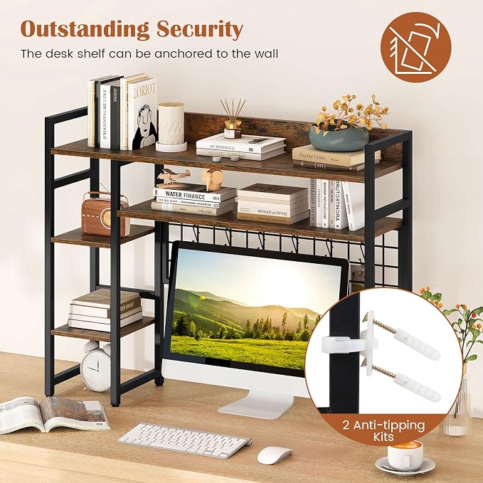 Giantex Desktop Bookshelf, 37" Desk Shelf for Up to 32" Computer Monitor, 4 Tier Desktop Display Shelves w/Grid Panel, 6 Movable Hooks, Anti-tip Device, Desk Hutch for Home Office Dorm (Rustic Brown)