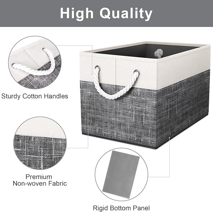 Fab totes Storage Bins 2-Pack, Foldable Storage Baskets for Organizing Toys, Books, Shelves, Closet, Large Storage Box with Rope Handles, Sturdy Organizer Bins, White & Black