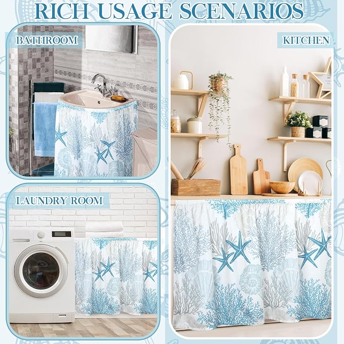 VitalCozy Cabinet Curtains 28" W x 51" L Sink Skirt for Bathroom Kitchen Summer Blue Ocean Coral Dishwasher Curtain for Home Farmhouse Rustic Drape Under Desk Privacy Drape for Laundry Room