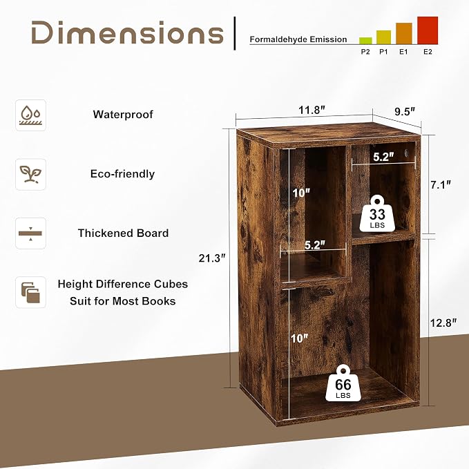 VECELO 11.8" Open Bookshelf, Waterproof Particle Board Asymmetrical Split Cubby Storage Organizer, Brown Uneven Compartment Display Cube for Tall Books, Bedroom Dorm Office