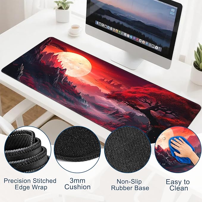 Gaming Desk Mat with Silky Smooth Surface & Exquisite Patterns,31.5x11.8 Inches Large-Sized Mouse Pad, Perfect for Extended Gaming,Work,and Home Office Decor (Full Moon 2)