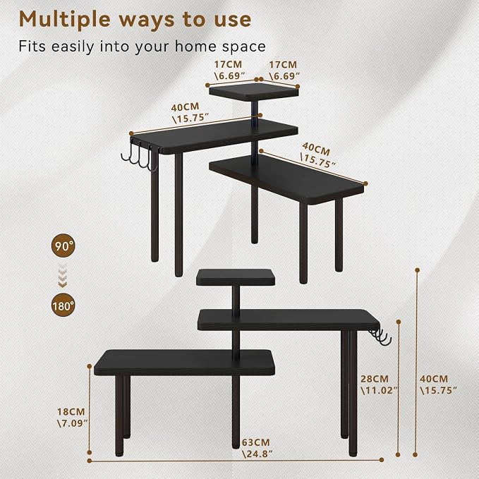 IBUYKE Countertop Organizer,3-Tier Spice Racks,Kitchen Counter Corner Shelf,4 Side Hooks,Adjustable Countertop Shelf for Kitchen, Bathroom, Coffee Bar, Cabinet, Desk,Black,TLJ023B