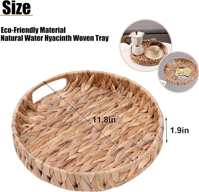 Round Woven Coffee Table Ottoman Tray with Handles - 11.8" x 1.9" Water Hyacinth Wicker Serving Tray, Decorative Storage Basket for Home & Kitchen.