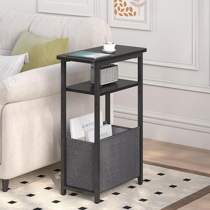 sthmec Narrow Side Table, Skinny End Tables with Fabric Basket, Small Side Tables for Small Space, 2-Tier Open Shelves with Basket, Slim Nightstands for Bedroom,Living Room,Office, Black