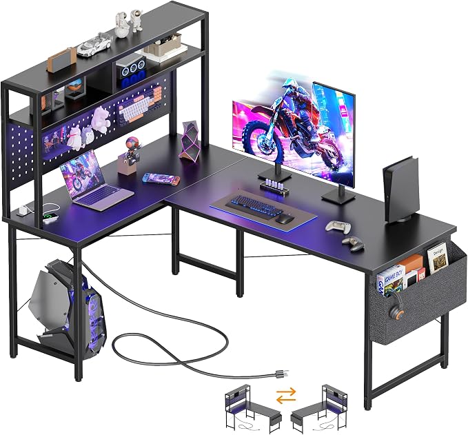 Mericonia 51 inch Large L Shaped Desk with Pegboard Hutch & Shelves, Corner Gaming Desk with Power Outlet, LED Light & Storage Bag, Reversible Computer Desk for Home, Bedroom, Office Workspace, Black