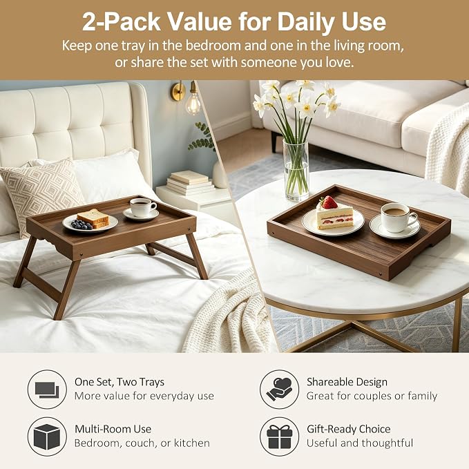 Large Breakfast Tray with Folding Legs Set of 2, 16.9" x 12.2" Bamboo Bed Tray Table with Ergonomic Wave Handles, Foldable TV Dinner Tray for Bed Couch Sofa, Breakfast, Laptop, Coffee, Walnut