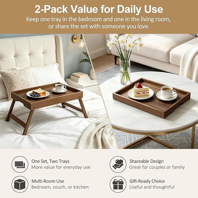 Breakfast Tray with Folding Legs Set of 2, Bamboo Bed Tray Table 15.7" Foldable TV Dinner Tray with Ergonomic Wave Handles for Bed Couch Sofa, Breakfast, Snacks, Coffee, Walnut