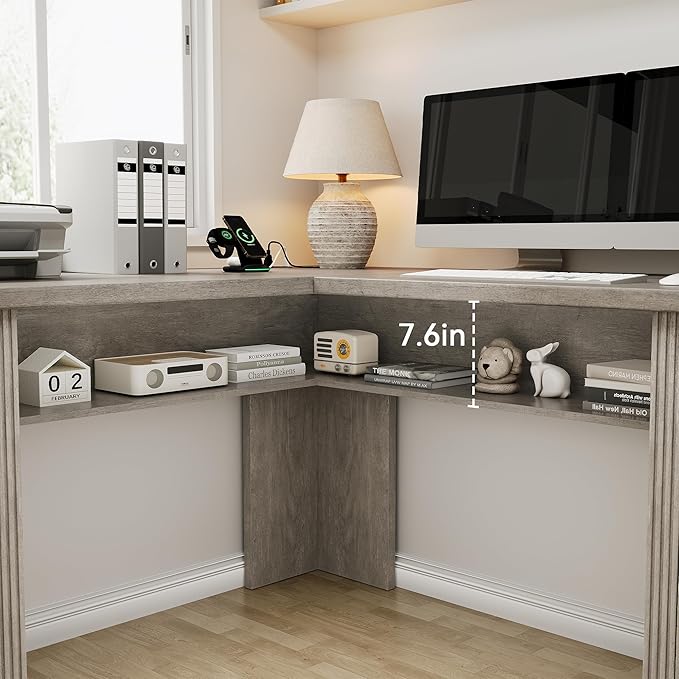 Farmhouse L Shaped Executive Desk with 4 Drawers, Home Office Desk with Hidden Under-Desk Storage Shelf and Charging Station, File Cabinet Storage, Wood Corner Computer Desk for Work and Study(Grey)