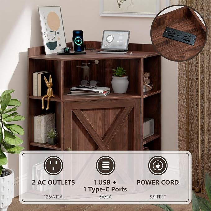 Vabches Corner Cabinet, Corner Storage Shelf with USB Ports and Outlets Industrial Organizer for Small Space Wooden 6-Cubby Bookshelf for Study, Playroom, Living Room (Walnut)