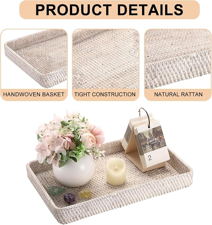 Hipiwe Rattan Serving Tray Whitewash Decorative Woven Trays for Organizing Bread Fruit Basket Rectangular Desktop Organizer for Kitchen Bathroom, 14.8" x 9" x 1.8"