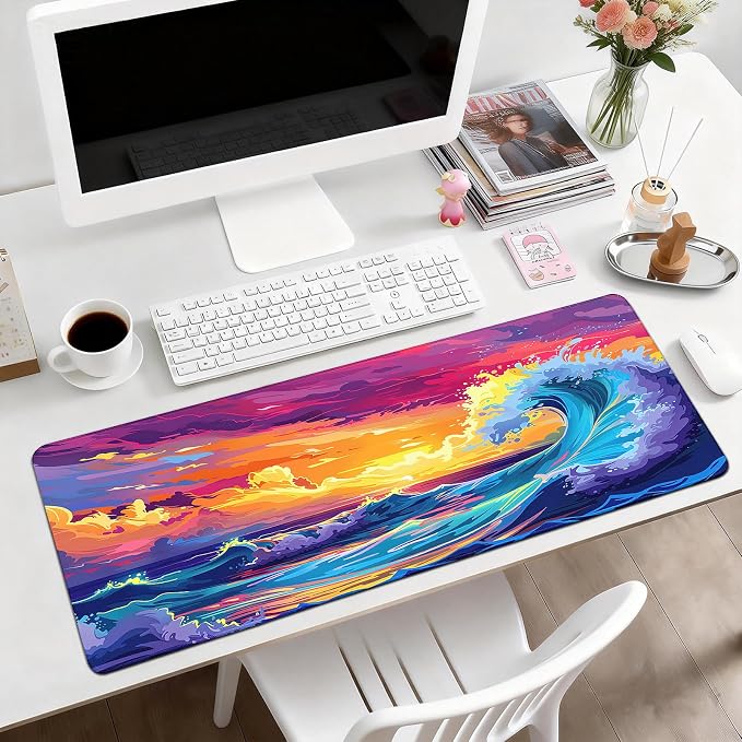 Gaming Desk Mat with Silky Smooth Surface & Exquisite Patterns,31.5x11.8 Inches Large-Sized Mouse Pad, Perfect for Extended Gaming,Work,and Home Office Decor (Japanese Waves 3)