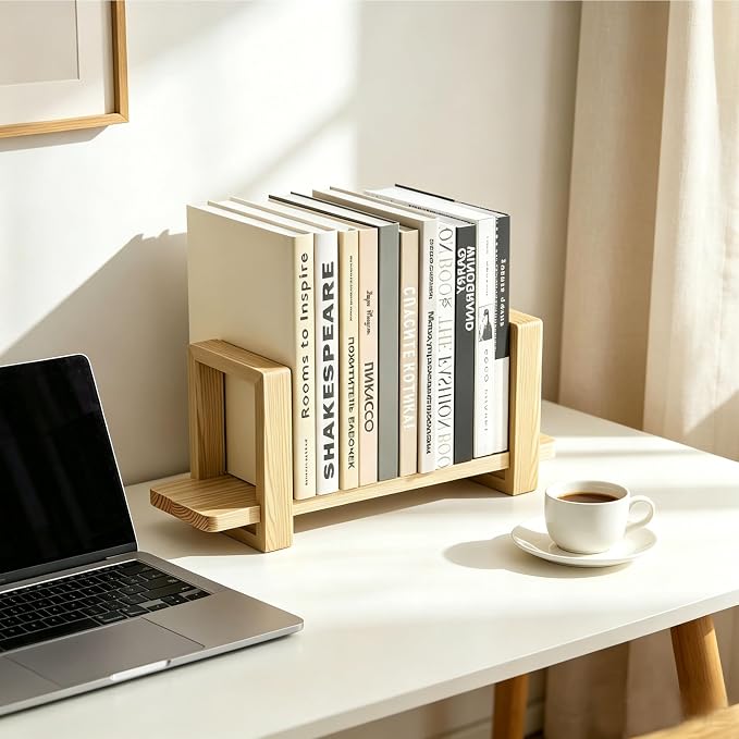 Adjustable Desktop Bookshelf, Wooden Tabletop Bookshelf, Small Desk Shelf for Home, Living Room, Class, Dorm