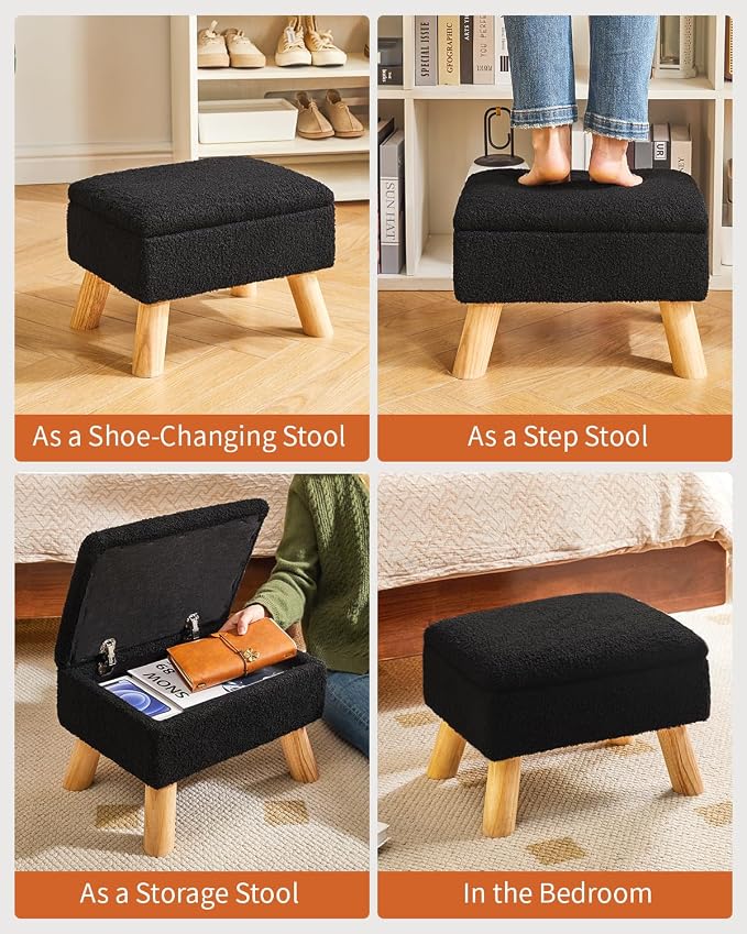 YMYNY Storage Ottoman,Small Foot Stool, 15.75"×11.81"×11.02" Black,HBD042B | Teddy Velvet,Sturdy Wood Legs, Foot Rest With Padded Seat, For Living Room Bedroom Couch Entryway