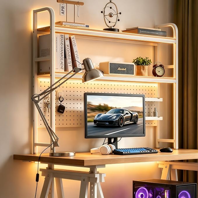 deli Desktop Shelf, Desk Hutch with Grid Panel, Desktop 2-Tier Display Rack, Multipurpose Metal Desktop Bookshelf Storage Organizer, White