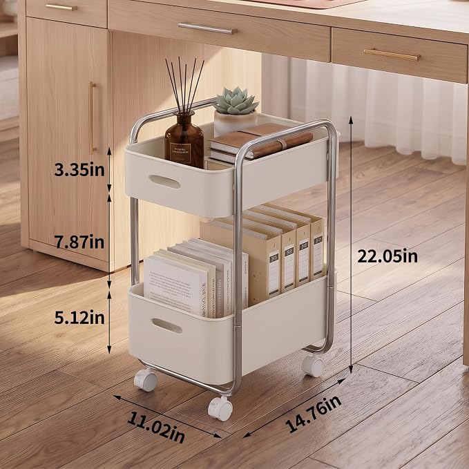PureBox 2-Tier Metal Rolling Utility Cart with Slide-Out Drawer,Sturdy Solid Board Utility Cart for Under Desk,with Lockable Wheels Mobile Storage Organizer for Office,Living Room,Kitchen,Cream White