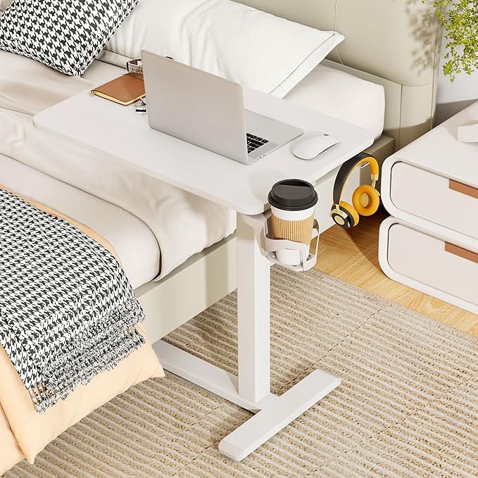 Tangkula Mobile Standing Desk, Pneumatic Height Adjustable Rolling Desk with Cup Holder & Headphone Hook, Overbed Table with Hidden Wheels, Laptop Computer Cart for Couch, Home, Office (White)