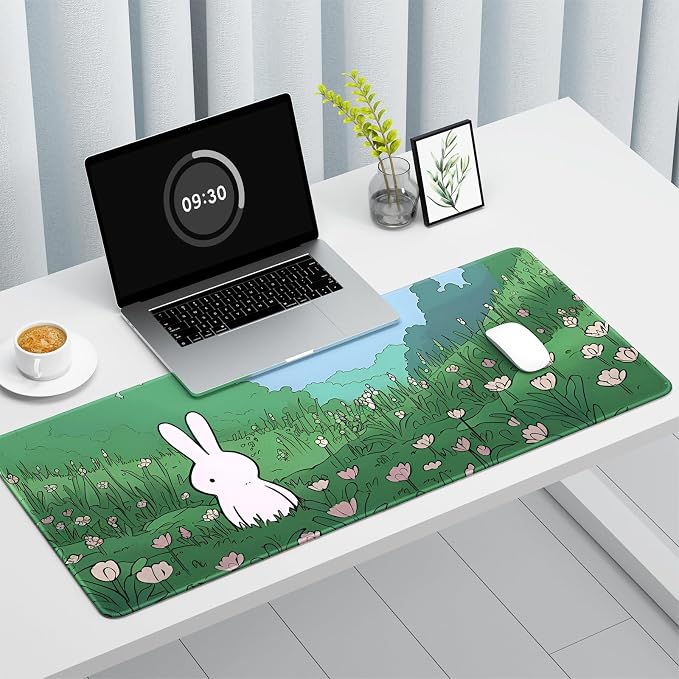 Auhoahsil Ultra Large Gaming Mousepad, XXL Extended Full Size Desktop Matt for Keyboard, Laptop & Computer, 35.5 x 15.7 in, Anime Bunny Green Grass