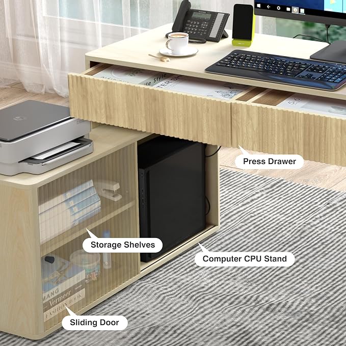 Modern Computer PC Desk Table with Storage, Corner L Shaped Desk with Drawers, Home Office Desk for Bedroom and Small Space, for Writing, Executive, Study, Work, Vanity - Natural