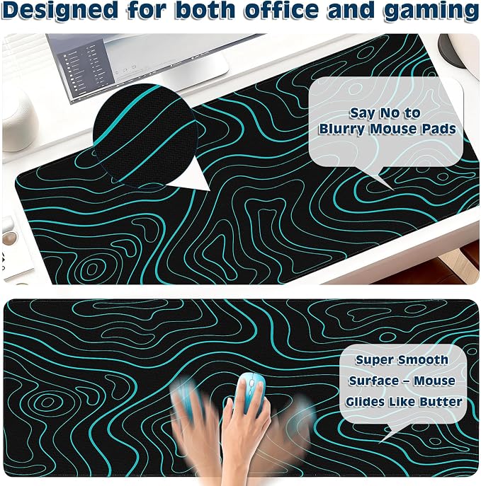 Gaming Desk Mat with Silky Smooth Surface & Exquisite Patterns,31.5x11.8 Inches Large-Sized Mouse Pad, Perfect for Extended Gaming,Work,and Home Office Decor (Blue Topographic Lines)