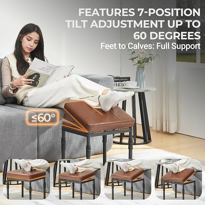 TIOPGHAD Adjustable Ottoman Pouf, 4 Height Position & 60 Degree Tilt Angle Synthetic Leather Ottomans Foot Stools Stool Pouffe FootStool Under Desk for Living Room Home Office(Brown Synthetic Leather)