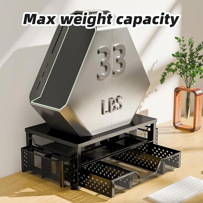 Simple Trending 2-Tier Monitor Stand Riser, Drawer & 2 Pen Holders, Black | Sturdy Material