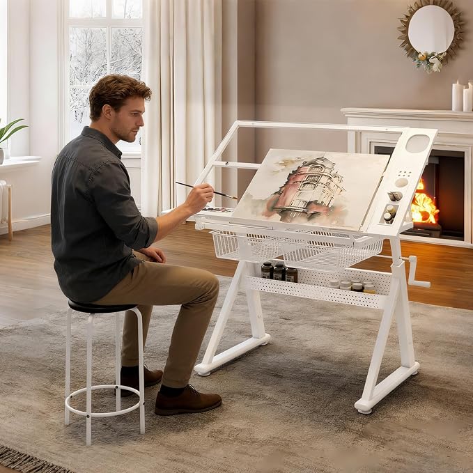 Hand Crank Adjustable Drafting Table with Tempered Glass Top, Height Adjustable Art Drawing Desk with Metal Drawers, Slide-Up Pencil Ledge & Stool, Drafting Desk for Home Studio Office