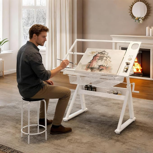 Hand Crank Adjustable Drafting Table with Tempered Glass Top, Height Adjustable Art Drawing Desk with Metal Drawers, Slide-Up Pencil Ledge & Stool, Drafting Desk for Home Studio Office