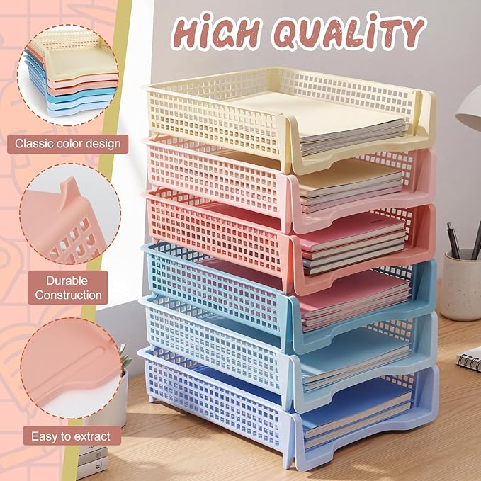Tenceur 6 Pcs Turn in Trays Classroom, Stackable Tray for Classroom Plastic Storage Baskets Teacher Organizers for Library Drawers Office Desk (Trendy,Soft Color,13.3 x 9.5 x 2.7 Inches)