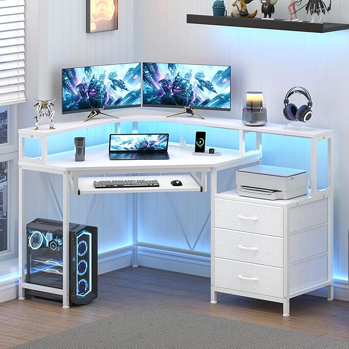 YOMILUVE Small Corner Desk with Drawers, Corner Gaming Desk with Power Outlets & Printer Shelf for Small Space, Triangle Computer Desk with LED Lights, Keyboard Tray and Monitor Stand, White