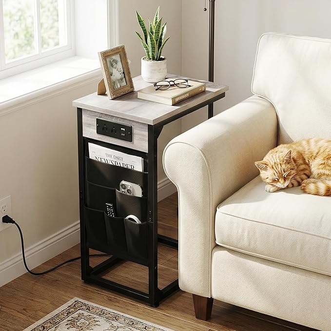 AMHANCIBLE C Shaped End Table with Charging Station, Couch Side Tables that Slide Under Sofa with Storage Bag, Slim TV Tray with USB Ports and Power Outlets for Living Room, Bedroom, Grey HET04CGY