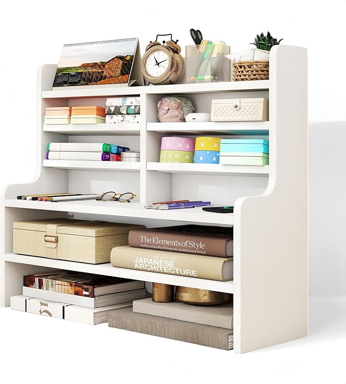 ERGOMASTER Desk Organizer, File Organizer with Multi Tier Storage Cubby Bookshelf, Desktop Organizer for Office Study Dorm Workspace Table Top Storage Rack, White, 19.5” x 6.5” x 16.5”