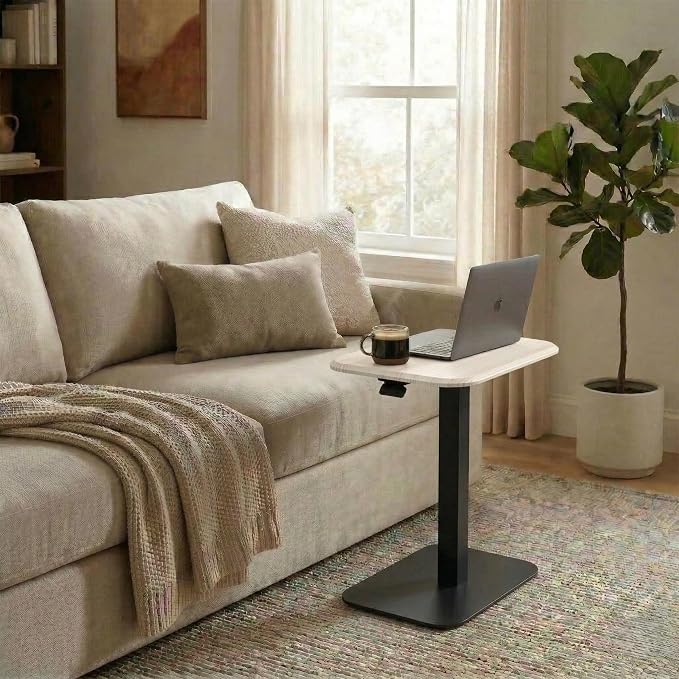 Elevance Height Adjustable Side Table, White Base, Cloud White Top | Sofa Laptop Table for Couch & Bed | Small C-Shape End Table for Home or Office