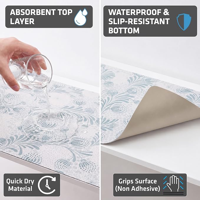 Drymate Premium Luxury Shelf & Drawer Liner, Thick Cushioned Fabric, Non-Adhesive, Absorbent, Waterproof, Slip-Resistant, Liners for Kitchen Cabinets, Cupboards (USA Made)(12”x59”)(2-Pack)(Light Blue)
