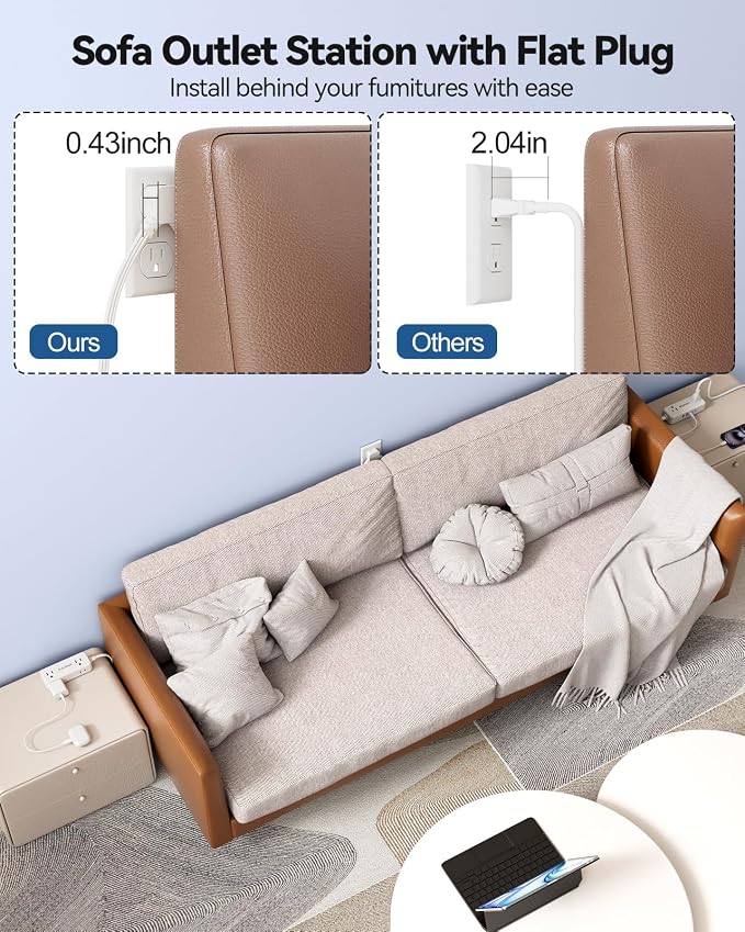 PD30W Split Extension Cord 10FT (5FT on Each Side), Single Flat Plug Twin Extension Cord with 4 AC Outlets, 2 USB-A & 3 USB-C, Nightstand Charging Station for Bedroom, His and Hers
