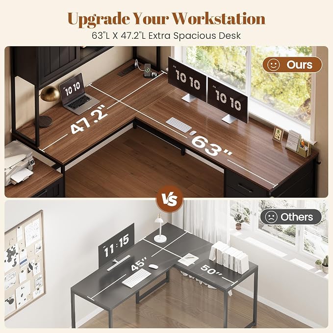 SEDETA Farmhouse L Shaped Office Desk with 6 Drawer, Reversible Computer Desk with Power Outlet, Hutch for Home Office/Two Person, Corner Desk with File Drawer & Printer Storage Shelves, Black