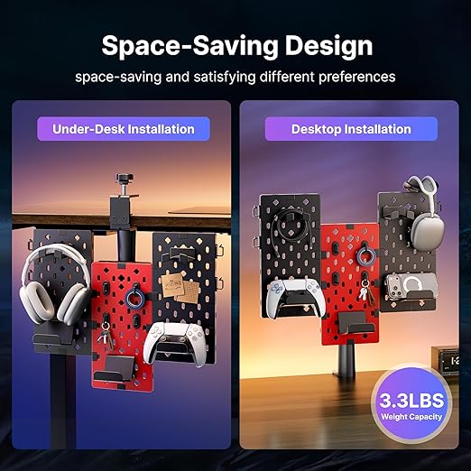 PEGZONE Modular Headphone and Controller Holder for Game, Clamp-on Pegboard, Rotatable Controller Stand with Cable Hooks, Gaming Accessory for Xbox PS5 PS4 Nintendo Switch, 3Pcs Pegboard, Red