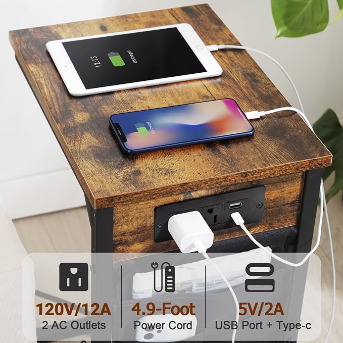 AMHANCIBLE C Shaped End Table with Charging Station, TV Tray Couch Tables with Storage Bag, Slide Under Sofa Side Side Table with USB Ports and Outlets for Living Room, Rustic Brown, HET04CBR-1