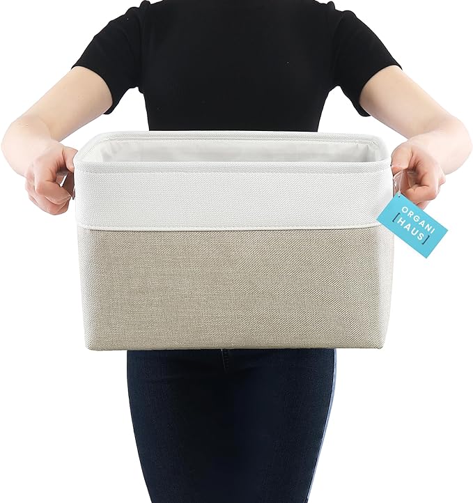 OrganiHaus 15x11in Canvas Storage Baskets 3 Pack | LARGE Fabric Bins for Shelves | Closet & Bedroom Storage | Beige/Off-White
