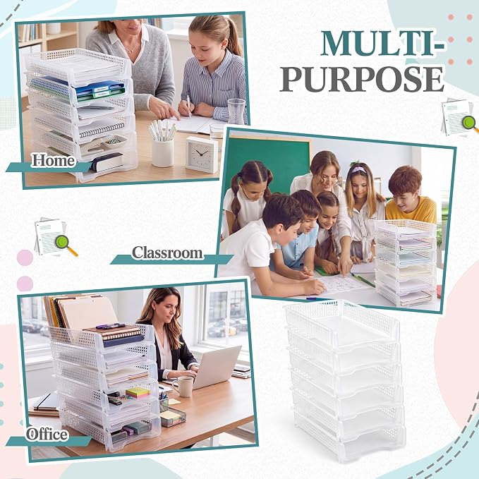 Geetery Set of 6 Plastic Trays for Teachers Turn in Trays Classroom Stackable Paper Tray Plastic Classroom Teachers Desk Letter Organizer Storage Baskets for Office, Desk, Home (Clear)